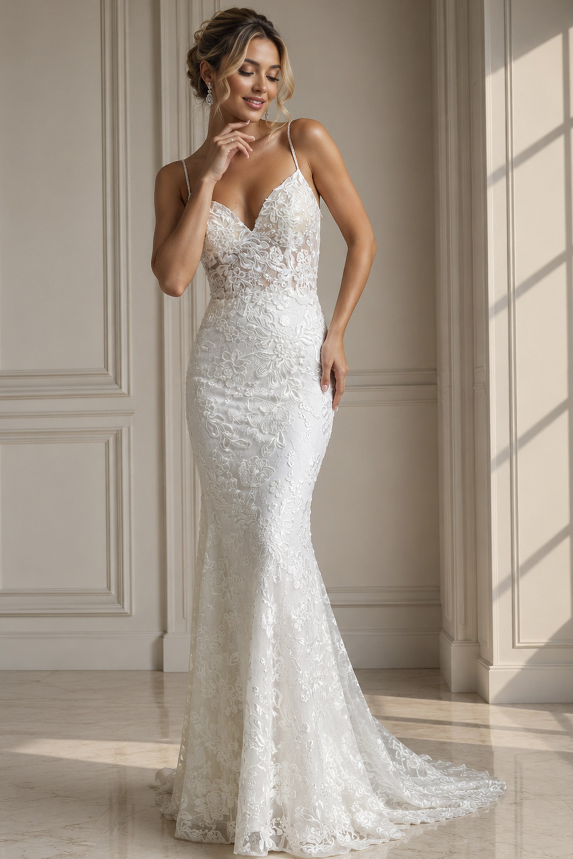 JB37538-12 ivory floral lace fitted mermaid wedding dress with V neckline and spaghetti straps, front view, Jovani Bridal style JB37538