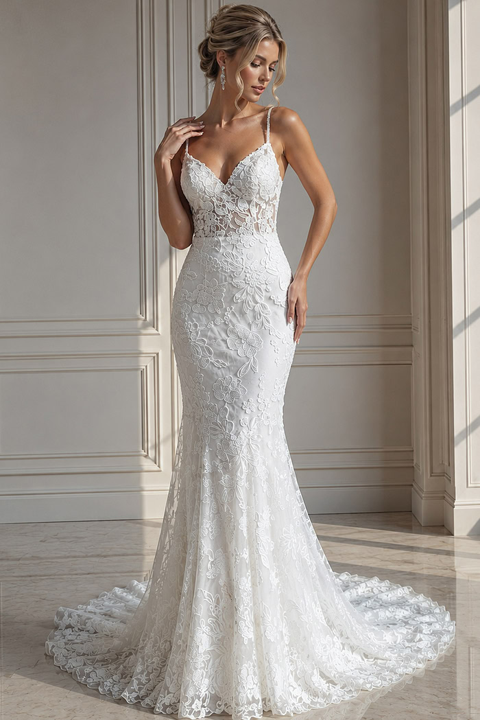 ivory floral lace fitted mermaid wedding dress with V neckline and spaghetti straps, front view, Jovani Bridal style JB37538