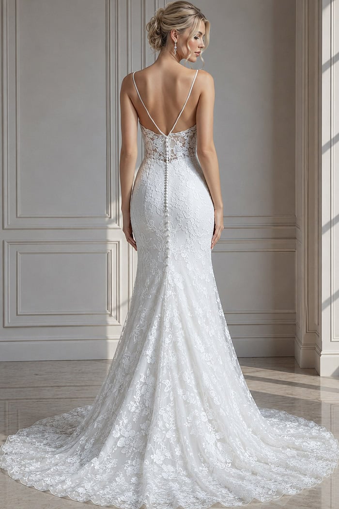 ivory floral lace fitted mermaid wedding dress with V neckline and spaghetti straps, front view, Jovani Bridal style JB37538
