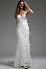 Model wearing Jovani JB37538 white gown, another front view, highlighting the beautifully crafted floral details.