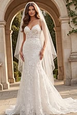 Lace wedding gown with spaghetti straps and flowing veil, featuring floral embroidery and a soft train.
