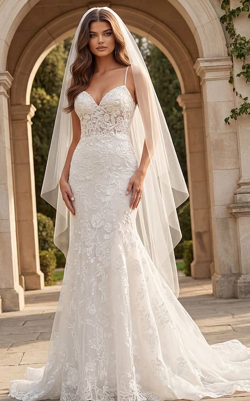 Lace wedding gown with spaghetti straps and flowing veil, featuring floral embroidery and a soft train.