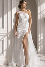 Strapless fitted lace bridal gown with soft A-line skirt and sheer floral embroidery overlay
