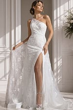 Off-shoulder romantic mermaid wedding dress with 3D floral appliqué and structured corset bodice