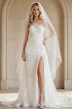 Elegant one shoulder lace wedding gown with thigh high slit and chapel veil