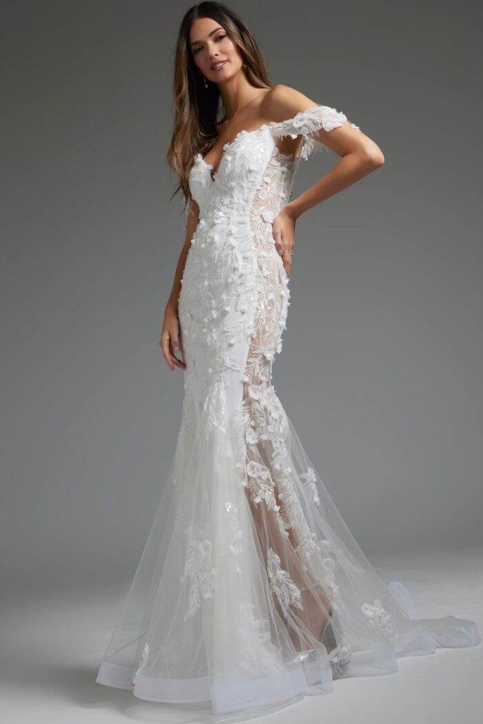 model wearing JB38224 white dress with floral lace detail, side-front view