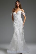 model wearing JB38224 white dress, front view showing off-shoulder neckline