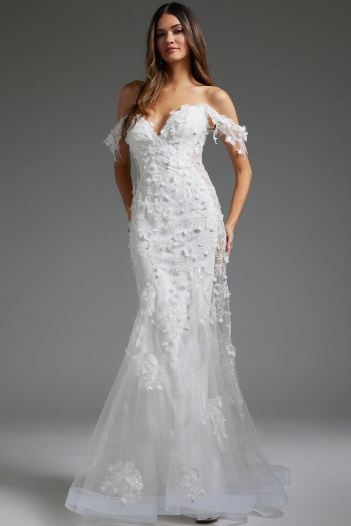 model wearing JB38224 white dress, front view showing off-shoulder neckline
