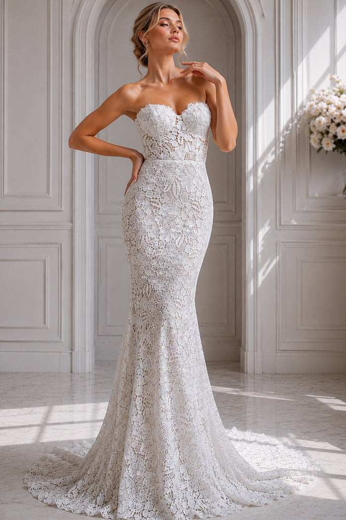 Strapless lace mermaid gown with a romantic scalloped neckline and elegant chapel train.