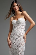 Close-up of Jovani JB38271 white lace dress showing neckline detail