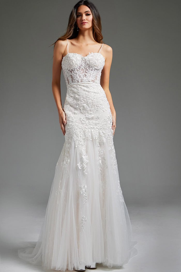 Model wearing Jovani JB38490, full-length front view, in white.