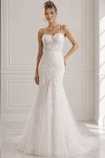 ivory floral lace fitted mermaid wedding dress with sweetheart neckline, spaghetti straps and tulle skirt, front view, Jovani Bridal style JB38490