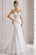 ivory floral lace fitted mermaid wedding dress with sweetheart neckline, spaghetti straps and tulle skirt, front view, Jovani Bridal style JB38490