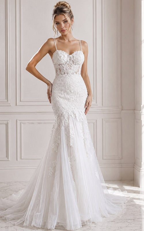 ivory floral lace fitted mermaid wedding dress with sweetheart neckline, spaghetti straps and tulle skirt, front view, Jovani Bridal style JB38490