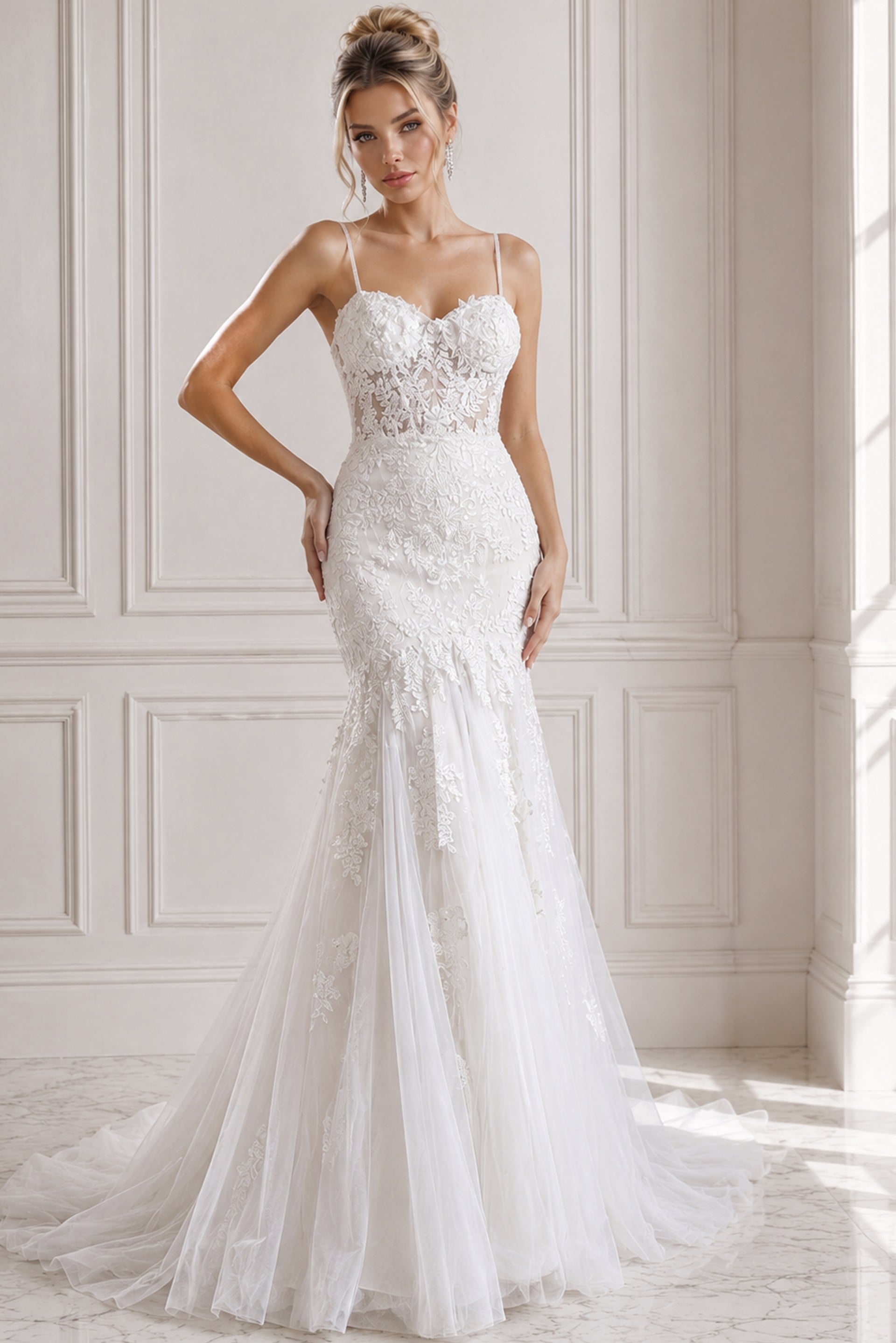 JB38490-23 ivory floral lace fitted mermaid wedding dress with sweetheart neckline, spaghetti straps and tulle skirt, front view, Jovani Bridal style JB38490