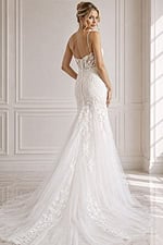 ivory floral lace fitted mermaid wedding dress with sweetheart neckline, spaghetti straps and tulle skirt, front view, Jovani Bridal style JB38490