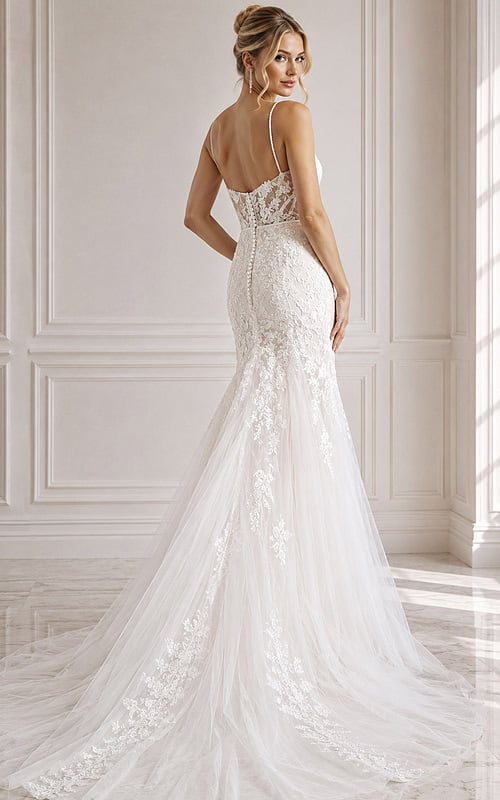 ivory floral lace fitted mermaid wedding dress with sweetheart neckline, spaghetti straps and tulle skirt, front view, Jovani Bridal style JB38490