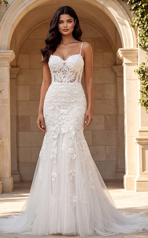Spaghetti strap lace mermaid gown with floral embroidery and soft tulle train.