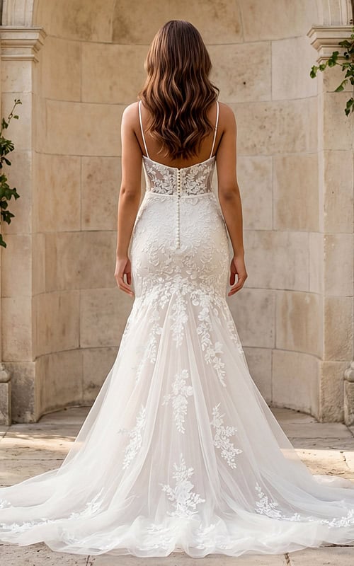 Back view of a lace mermaid gown with sheer back, thin straps, and button closure.