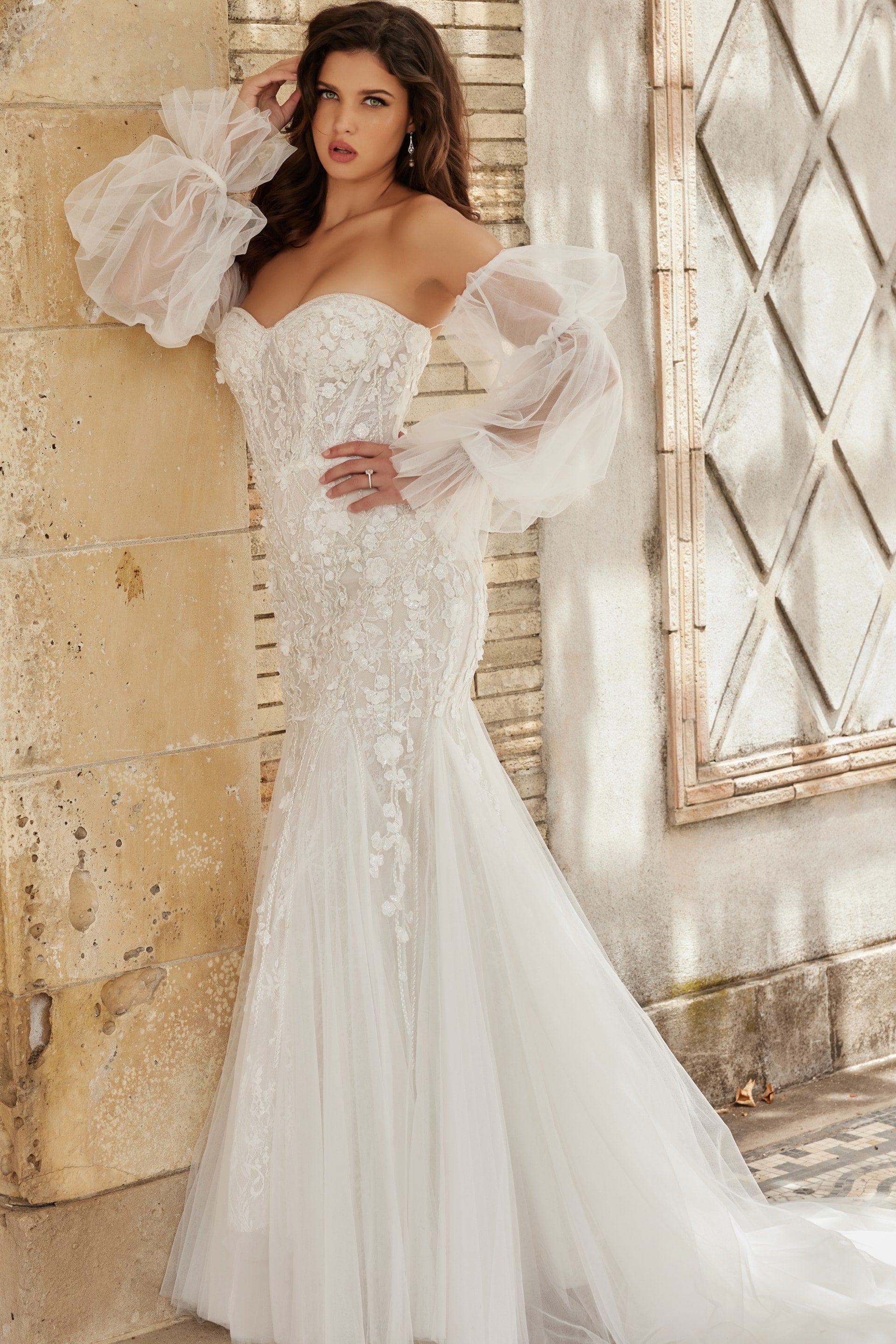 JB38491-4.jpg Model wearing Jovani JB38491 white dress with sweetheart neckline and sheer sleeves, front view.