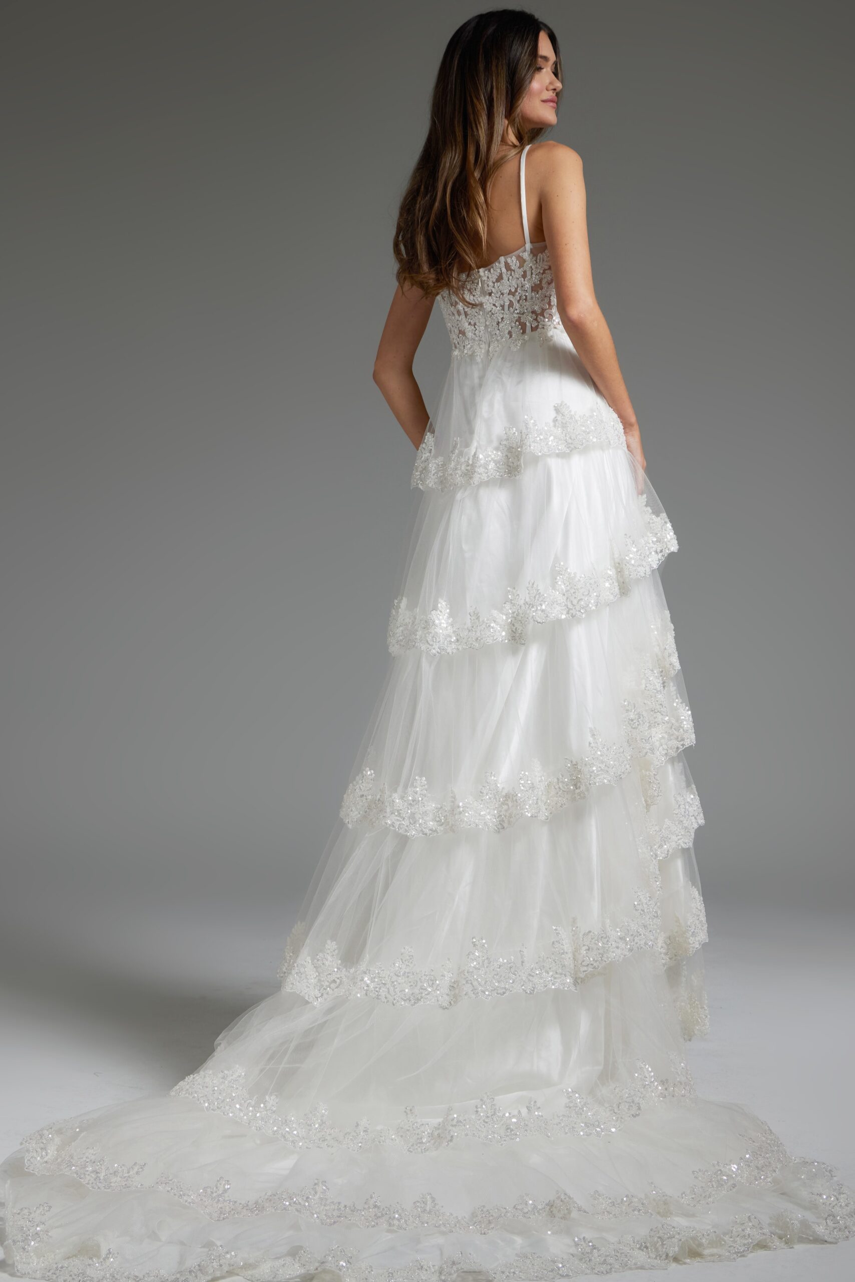 V Neckline Beaded Wedding Gown with Layered Skirt JB38641