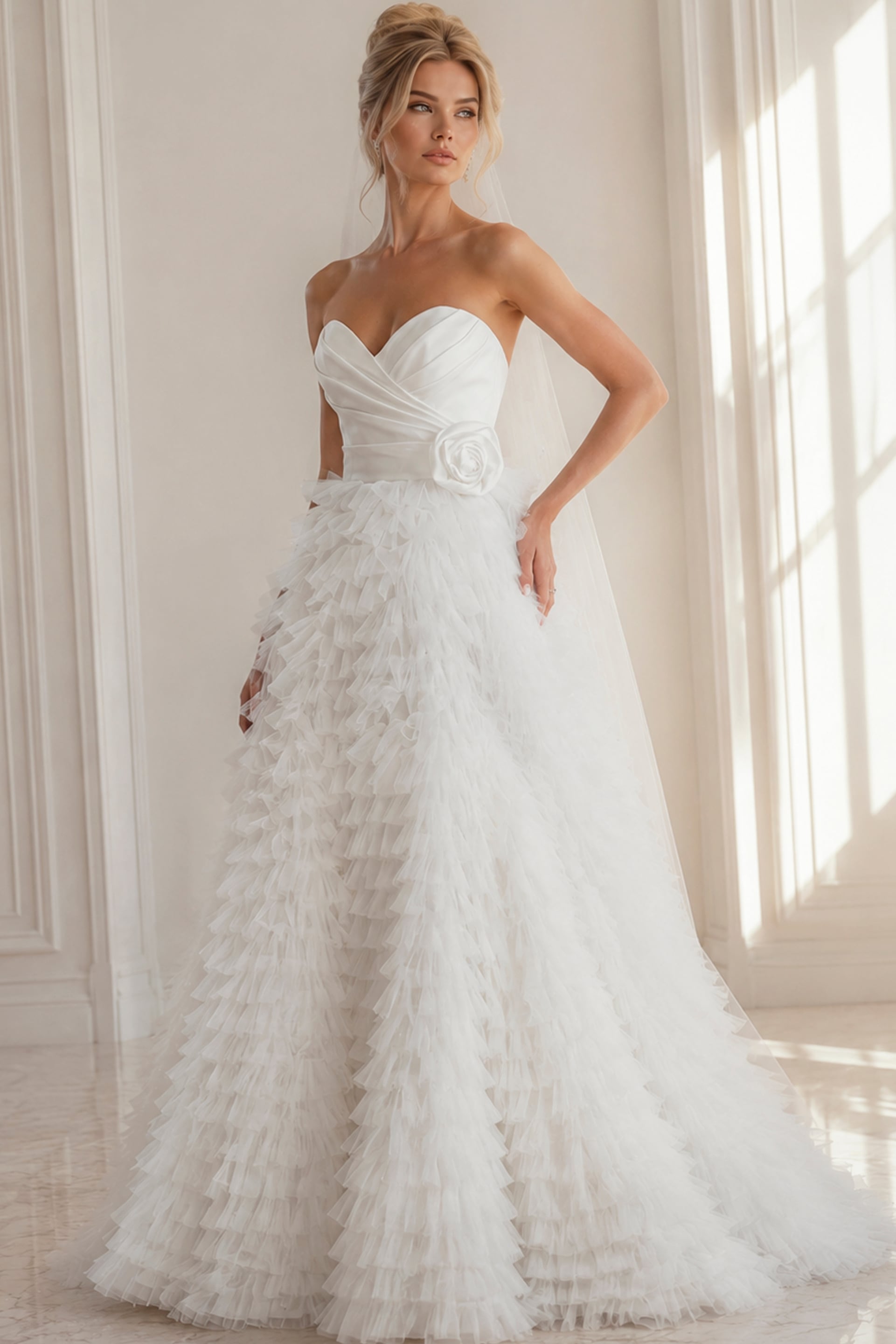 JB38958-60 ully fitted mermaid silhouette in 3D floral lace, deep sweetheart neckline,