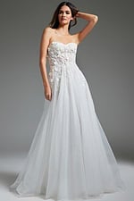 Full view of model in Jovani JB39160 white dress, highlighting an A-line silhouette.