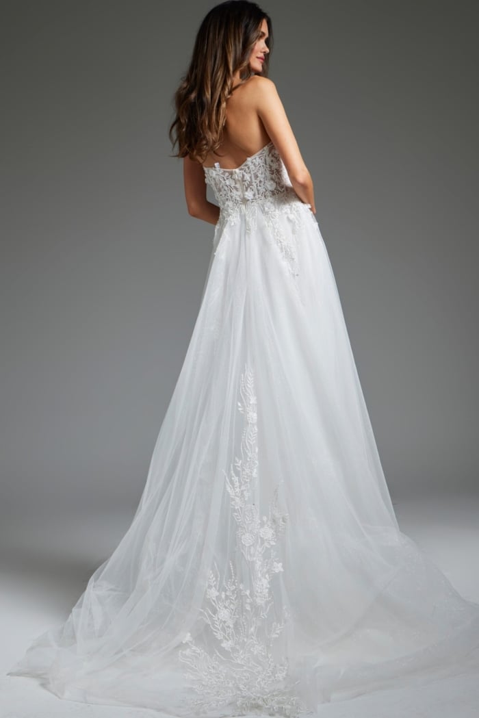 Back view of Jovani JB39160 white dress, showcasing the intricate lace detailing.