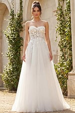 Romantic A-line bridal dress featuring 3D lace appliqués and soft layered tulle