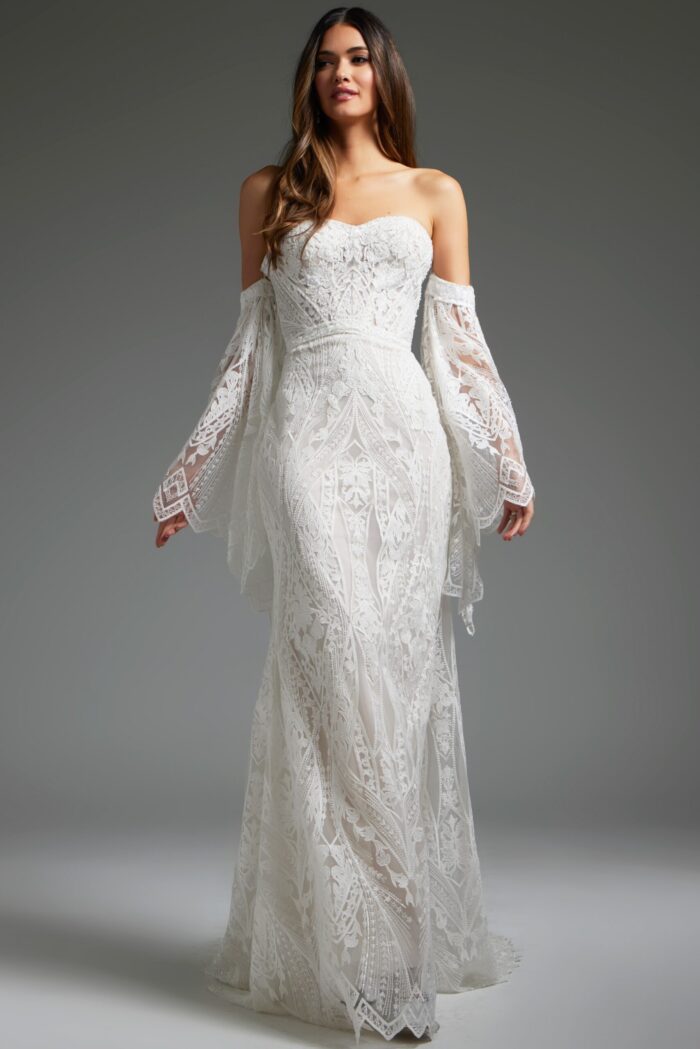 model in Jovani jb39162 showcasing front view with detailed lace