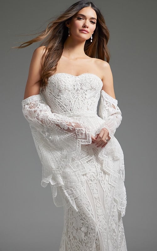 model in Jovani jb39162 white gown with sweetheart neckline