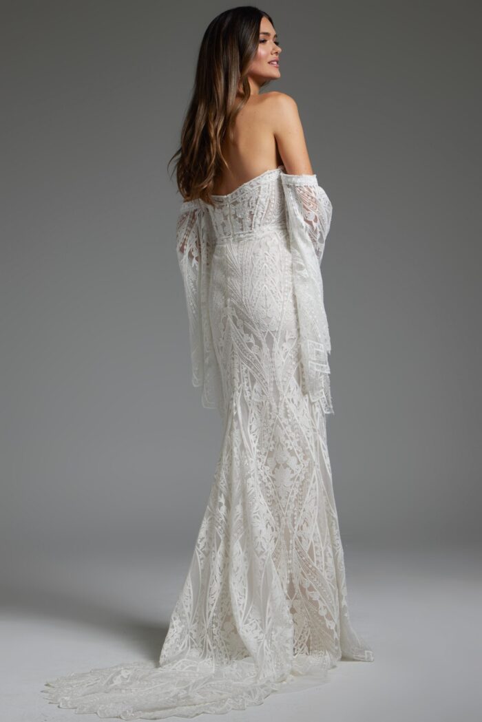 model in Jovani jb39162 gown displaying back with lace details
