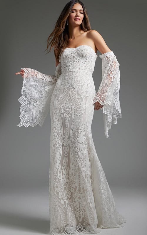 model wearing Jovani jb39162 white gown with sweetheart neckline and lace detailing