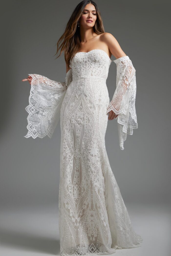 model wearing Jovani jb39162 white gown with sweetheart neckline and lace detailing