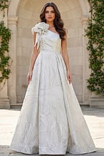 one shoulder bridal ball gown with large floral detail and jacquard fabric front view