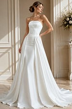 Front view of a strapless sweetheart bridal gown with structured bodice and full pleated satin skirt.