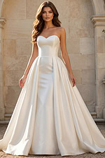 Front view of a strapless sweetheart bridal gown with structured bodice and full pleated satin skirt.