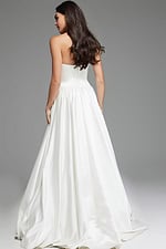 Model wearing Jovani JB39250 white gown, back view displaying the strapless design and elegant flow.