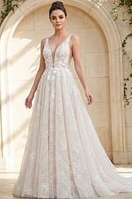 sheer floral lace ball gown with deep v neckline and embroidered straps
