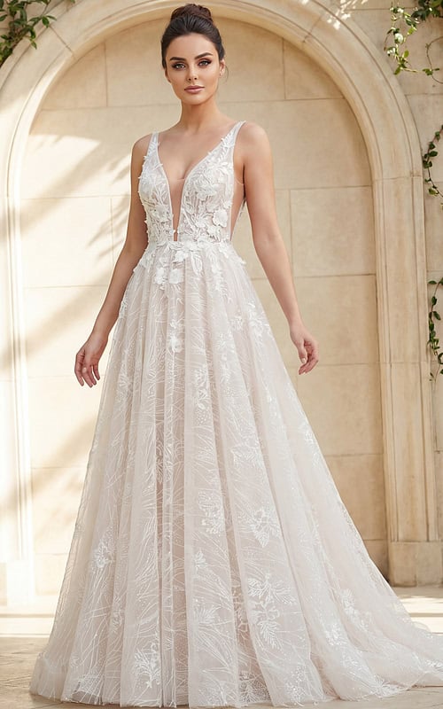 sheer floral lace ball gown with deep v neckline and embroidered straps