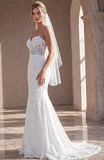 ivory lace strapless fit and flare wedding dress with sweetheart neckline and sheer corset bodice, front view, Jovani Bridal style JB39733