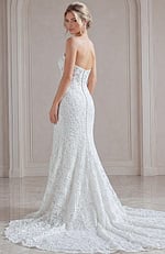 ivory lace strapless fit and flare wedding dress with sweetheart neckline and sheer corset bodice, front view, Jovani Bridal style JB39733