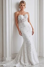 ivory lace strapless fit and flare wedding dress with sweetheart neckline and sheer corset bodice, front view, Jovani Bridal style JB39733