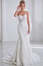 ivory lace strapless fit and flare wedding dress with sweetheart neckline and sheer corset bodice, front view, Jovani Bridal style JB39733