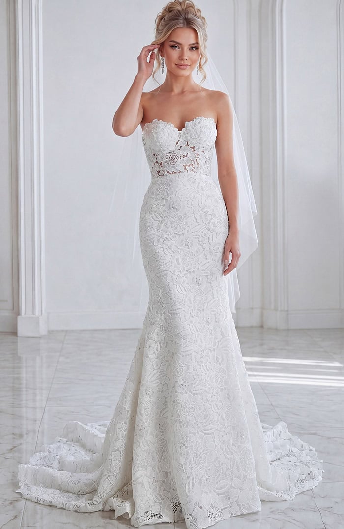 strapless lace mermaid wedding dress Chapel Train Tulle Applique Backless A dramatic mermaid wedding dress crafted in a floral lace Strapless Mermaid Wedding Dress Long