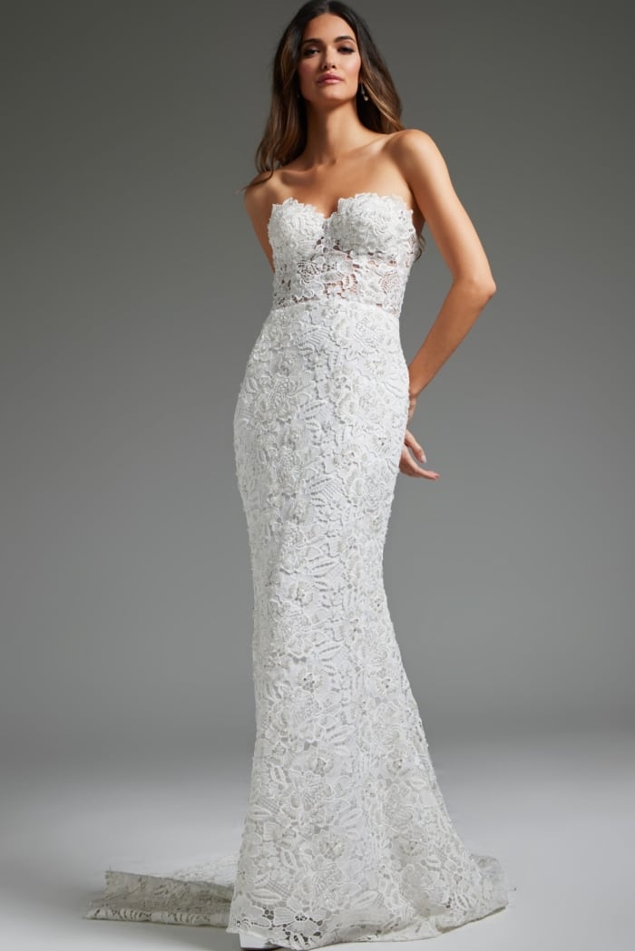 Model in Jovani JB39733 lace gown, front view showing strapless neckline and silhouette.