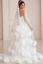 ivory tulle A-line wedding dress with 3D floral appliques and sheer floral trimmed cape, front view, Jovani Bridal style JB40091