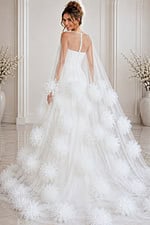 ivory tulle A-line wedding dress with 3D floral appliques and sheer floral trimmed cape, front view, Jovani Bridal style JB40091