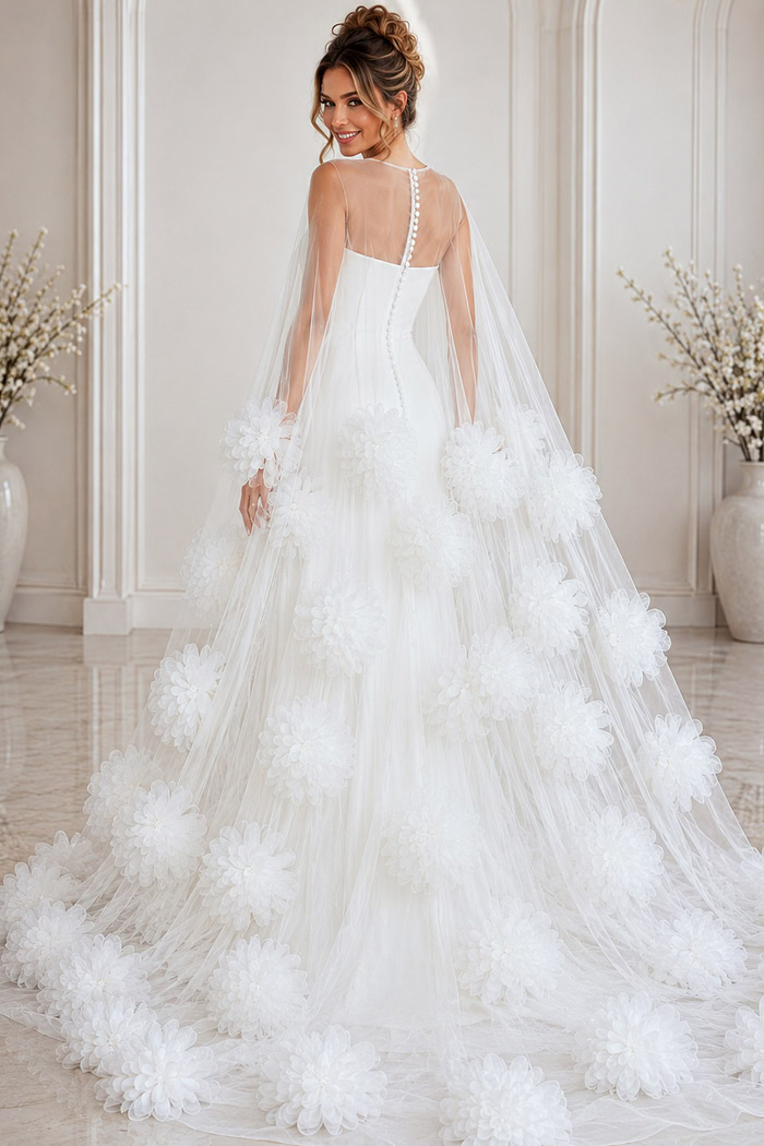 ivory tulle A-line wedding dress with 3D floral appliques and sheer floral trimmed cape, front view, Jovani Bridal style JB40091