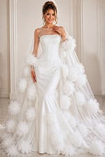 ivory tulle A-line wedding dress with 3D floral appliques and sheer floral trimmed cape, front view, Jovani Bridal style JB40091
